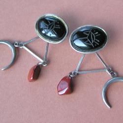 Vintage Kate Hines Black Glass Scarab Crescent and Jasper Dangle Earrings