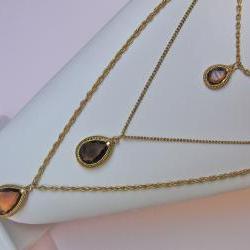 Vintage Triple Strand Goldette Style Amber Glass Tear Drop Necklace